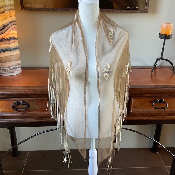 Charlotte Russe Accessories - Charlotte Russe Butterfly-Embroidered, Fringe Shawl. Beige/Multi. One Size